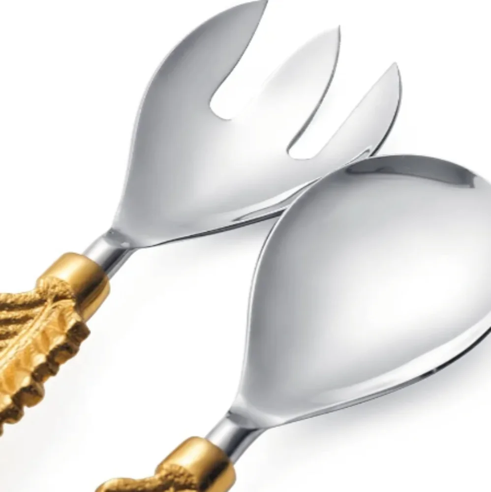 Gute Spoon Fork 2 Pieces Salad Server Gold Feather Leaf Design Set